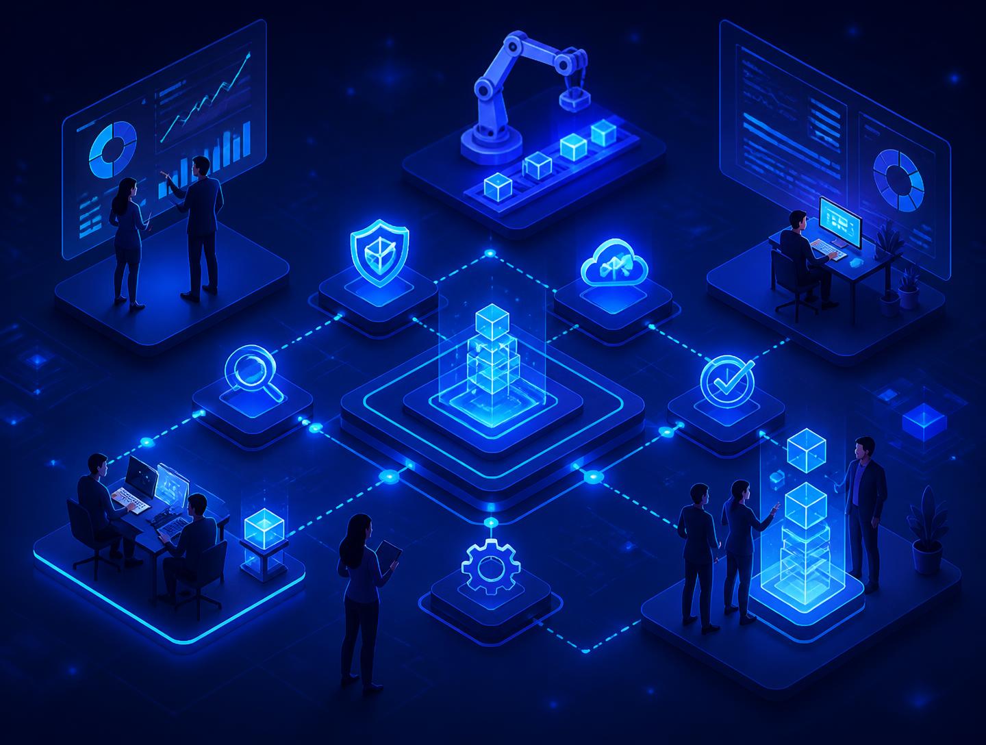 Technology teams collaborating around automated testing pipelines, cloud services and delivery dashboards